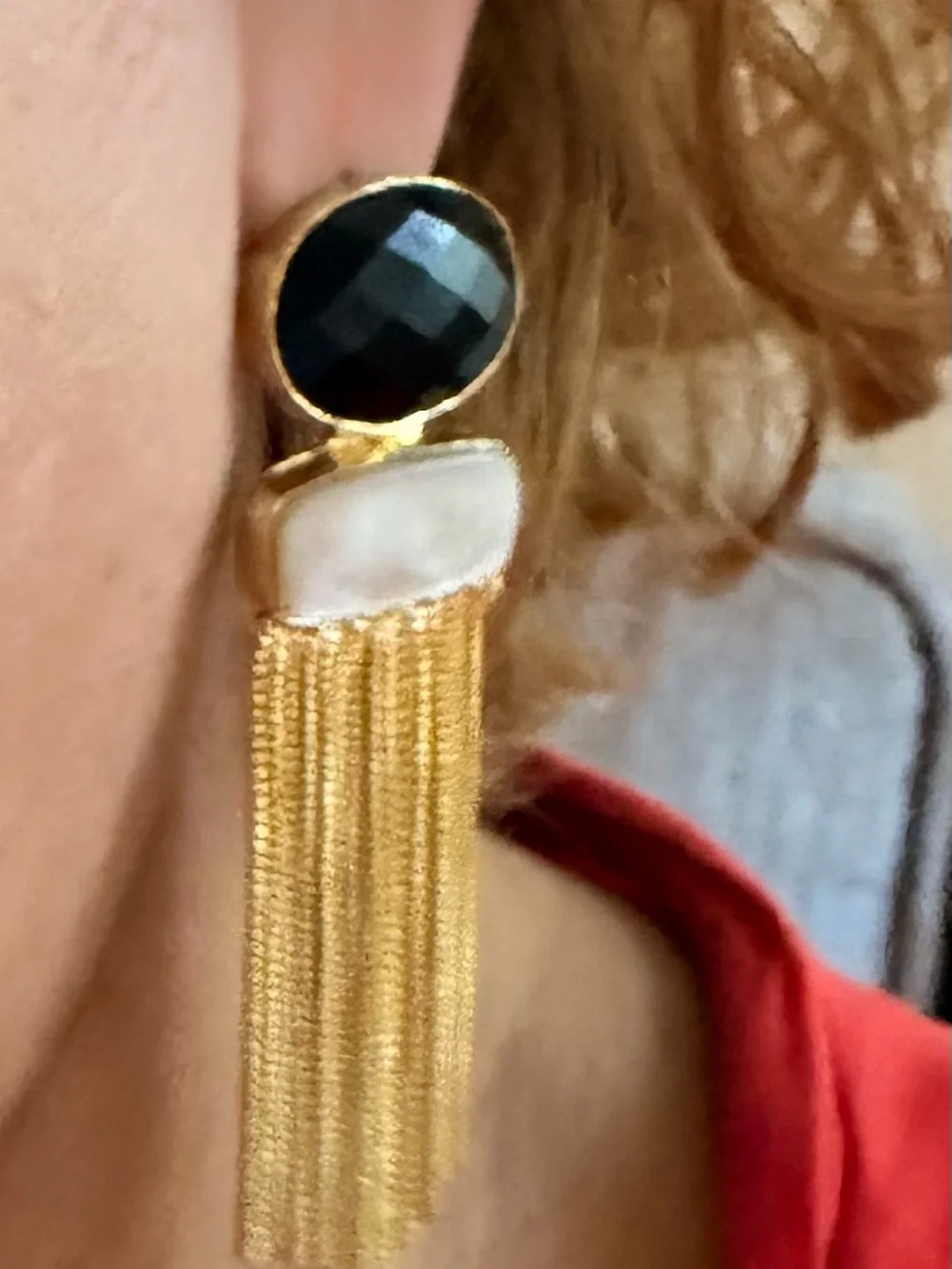 Gold Tassel Drop Earrings with Black Onyx and Mother Of Pearl - Picture 7 of 8
